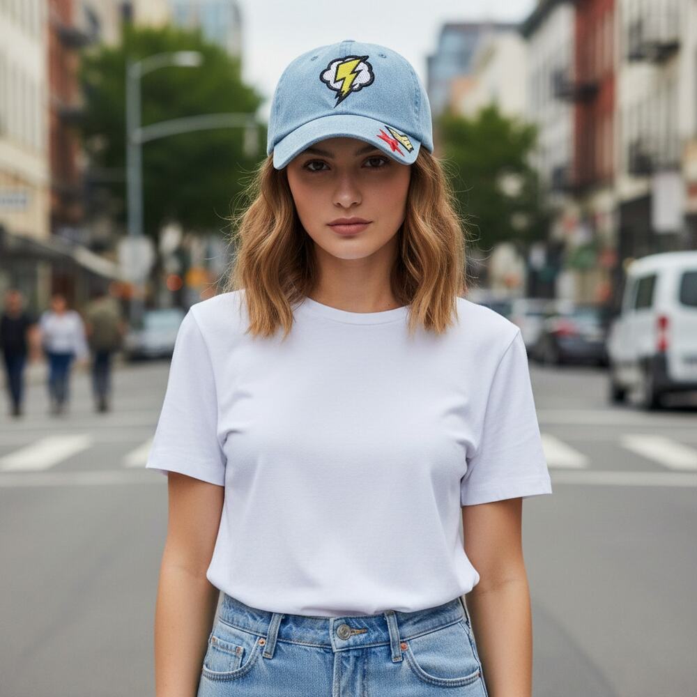 Steve Madden Denim Hat Womens Bolts Patch Adjustable Back Blue